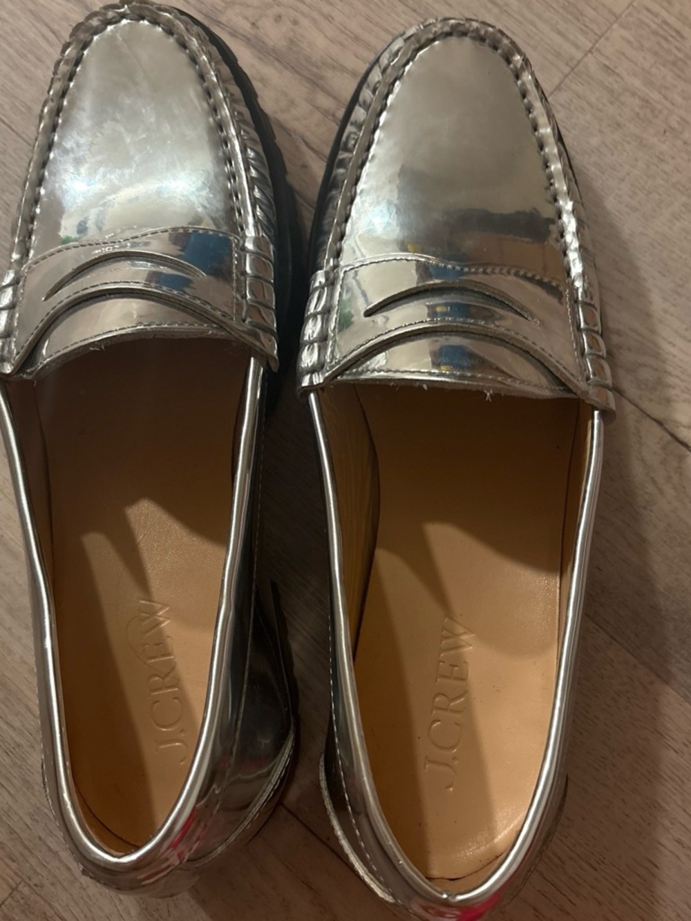 J. Crew Metallic Silver Penny Loafers